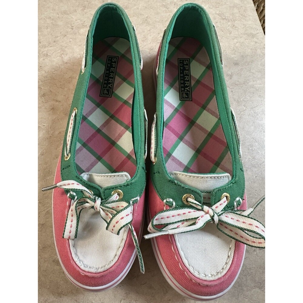 Sperry Top Sider Slip On Canvas Boat Shoes Wm 7 M  Pink Green Plaid Spring